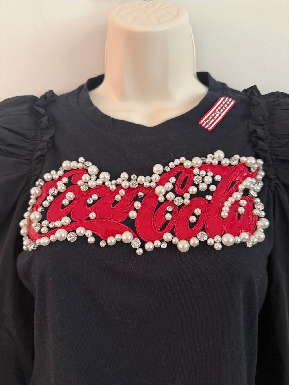 Pinko Black Long-Sleeve Top with Red Coca-Cola Script with Rhinestone and Pearls